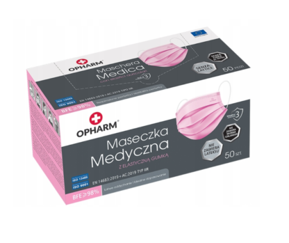 Maseczki medyczne różowe OPHARM TYP IIR 50 szt. NOWOŚĆ